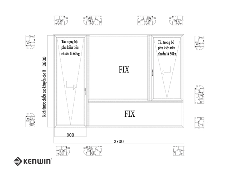 kích thước sản xuất cửa trượt lật kenwin